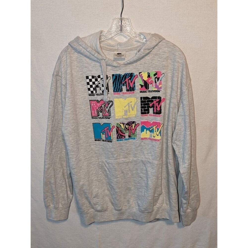 Y2K MTV Logo Pocket Hoodie Sweatshirt Gray Men's Size XXL